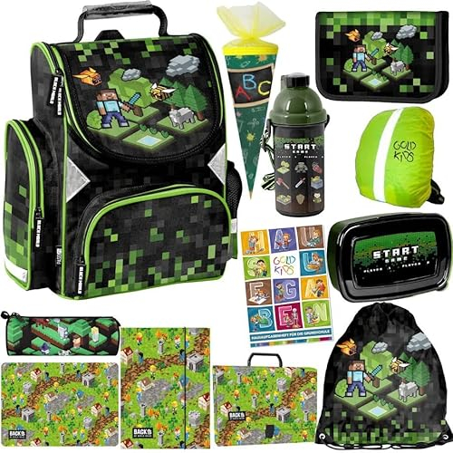 Schulranzen XXL Set 12 Teile ergonomischer Ranzen Federmappe Zuckertüte Turnbeutel Malunterlage Mappe Aktentasche Brotdose Trinkflasche Aufgabenheft für die Grundschule Game Pixel Motiv