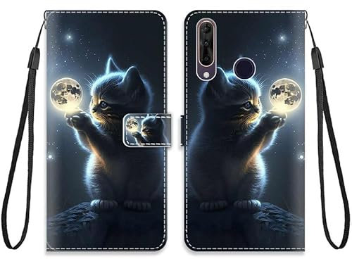 KARTXITAI Hülle Kompatibel mit Wiko View3 Pro,Leder Handyhülle mit Kartenfach Geld Slot Ständer PU Ledertasche Wallet Flip Magnetische Muster Schutzhülle-Mondkatze,Himmel,Sterne