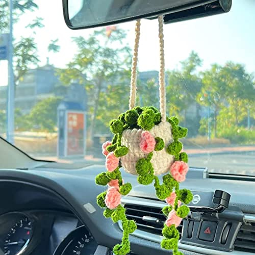 Häkeln Hängende Pflanze für Auto, Niedliche Auto-Pflanzenzubehör, Gestrickte Pflanze Auto Spiegel Aufhänger, Boho Auto Pflanze Häkeln Hängekorb (G)