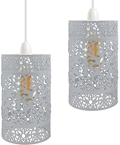 DC VOLTAGE Vintage Cage Metal Lamp Shade, Industrial Metal Cage Light DIY Ceiling Pendant Lights for Dining Room,Bedroom, Loft Hallway (White 2 Pack)