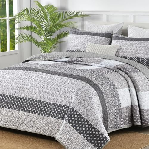 WONGS BEDDING Grey Quilt Queen Size, Bohemian Stripe Quilt Sets 3 Pieces Gray Boho Quilted Bedspread Set Lightweight Microfiber Coverlet Bedding Set All Season (96x90)