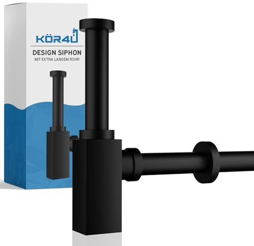 kör4u Siphon 1 1/4 Zoll x 32mm, Eckig, Schwarz Matt, eckige Rosette – Inklusive Dichtungen, Tassengeruchsverschluss & Röhrengeruchsverschluss für Waschbecken
