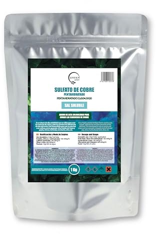 GREENGOF Sulfato de Cobre cúprico CuSO, 1 Kg. Sal Soluble. Fungicida de Origen Natural. Abono para Curar Las carencias de Cobre. Uso en Piscinas, Plantas y Cultivos.