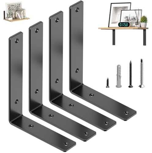 GOFOWRK 4 Stück Regalhalterung, 10Inch/255×150mm Schwerlast L Regalwinkel, 5,4mm verdickt, 90 Grad Schwerlastwinkel für die Wandmontage, Tragkraft 100 KG, Schwarz