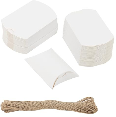 JIAYUET 200 cajas de almohada de papel blanco, 9 x 7 x 2,5 cm, caja de regalo de almohada pequeña con 200 cuerdas de cáñamo, cajas de almohada de dulces para regalos de boda para fiestas de festivales