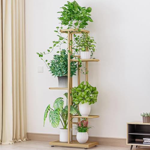 RUNCH 5-Tier Metall Blumenregal Pflanzenregal, Mehrstöckig Blumenständer Pflanzenständer Blumenbank Blumentreppe für Zimmerecke, Wohnzimmer, Balkon, Terrasse, Hof,Gold