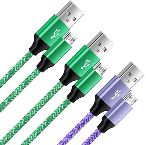 Cavo di ricarica micro USB, 1,8 m + 1,8 m + 0,9 m, da USB A a micro mini USB, cavo di ricarica veloce in nylon intrecciato per Android per Samsung Galaxy S7 Edge/S7/S6 Edge+/S5/J7/J5/J3, Honor, Nexus,