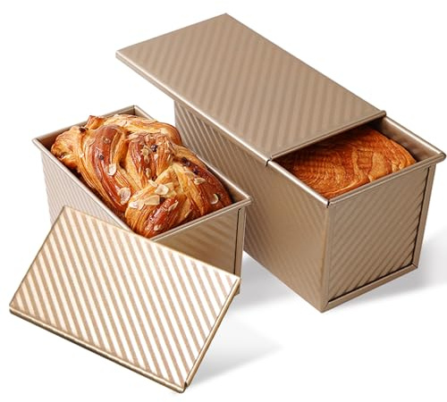 Pullman - Confezione da 2 teglie per pane con coperchio, capacità 0,5 kg/0,2 kg, in acciaio al carbonio, ondulato, antiaderente, con coperchio
