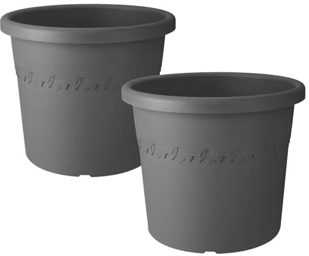 simpa 6L Algarve Plastic Outdoor Flower Planter Pots - Anthracite 20.5cm (H) x 25cm Dia - Set of 2 Pots