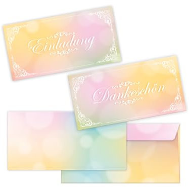10 Einladungskarten + 10 Dankeskarten mit Kuverts für Hochzeit, Standesamt, Geburtstag, Konfirmation, Kommunion, Taufe, Geburtstag, Jubiläum. Klappkarten 21 x 10,5 cm. Elegantes Design mit Farbverlauf