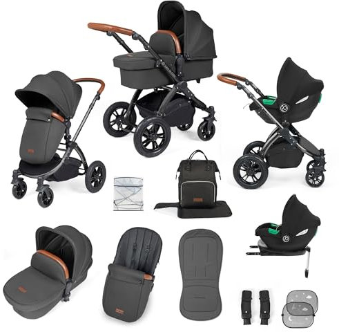 Ickle Bubba Stomp Luxe 12pc Travel System with i-Size Cirrus Car Seat & ISOFIX Base – All-Terrain Pram, Reversible Seat, Carrycot, UPF 50+ Hood, Rain Cover & Accessories (Black/Charcoal Grey/Tan)