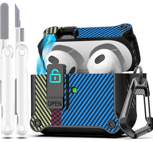 R-fun Kompatibel mit AirPods 3 Generation hülle Case Cover 2021, automatisches Pop-Up-Deckel-Design für Apple Airpod 3 Gen Hülle mit Reinigungsset und Schlüsselanhänger, Kohlefaserblau