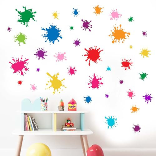 Amimagen Wandtattoos 38pcs Bunte Farbe Splatter Wandaufkleber - Graffiti Malerei Flecken Wandabziehbilder - Kinderzimmer Baby Mädchen Kindertagesstätte Kindergarten Spielzimmer Klassenzimmer Wanddeko