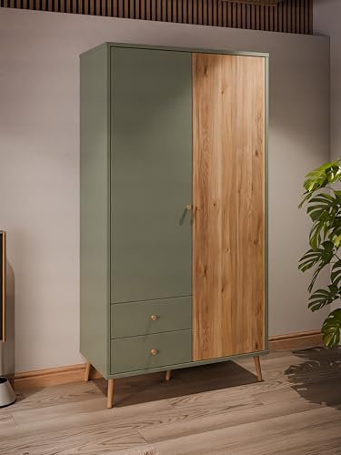 Forte Harllson, einfache Montage Dank EasyKlix Kleiderschrank 2-türig, 2 Schubladen, Einlegeböden, Kleiderstange, Salbei mit Holzdekor: Mauvella Eiche, 105 cm breit x 202 cm hoch x 52 cm tief