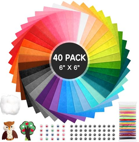 Draupnir 40 Farben Bastelfilz 15cm x 15cm Filz zum Basteln, Bunter Filzstoff, Vliesstoff Stoff Bastelfilz 1mm mit Farbiger Fäden, Augen und Füllwatte für DIY Handwerk Nähen Manual Decoration