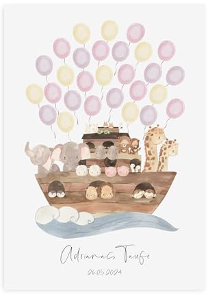 Gästeposter PERSONALISIERT mit Namen und Datum als Geschenk Taufe (Arche ROSA, DIN A4)