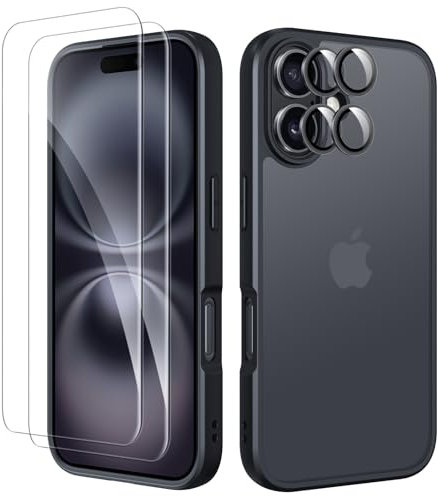 COPIKE Matte for iPhone 16 Case with 2 Screen Protector and 2 Lens Protector, iPhone 16 Phone Case Slim Translucent Anti-Fingerprint Anti-Scratch Shockproof Cover, Black