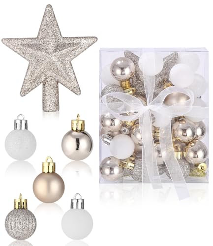 30 Piezas Mini Adornos Navideños, Decoracion de Bolas Arbol de Navidad Dorados y Blancos, 3CM Mini Adornos, Adornos Arbol Navidad