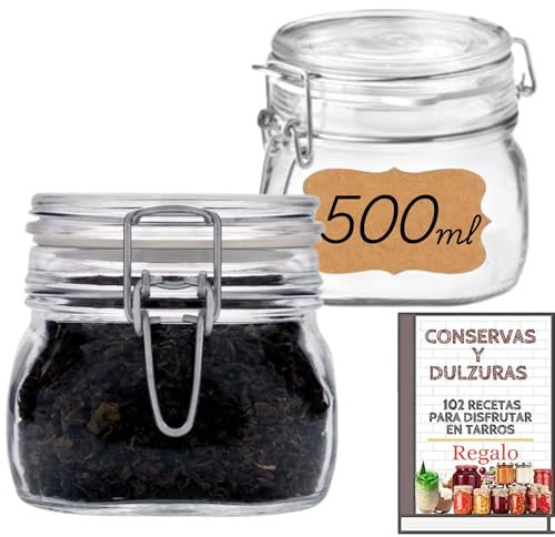 4 barattoli di vetro ermetici da 500 ml – Bottiglie ermetiche da mezzo litro per alimenti, conservazione fresca e organizzata, chiusura con guarnizioni in silicone, con etichette (0,5 litri)