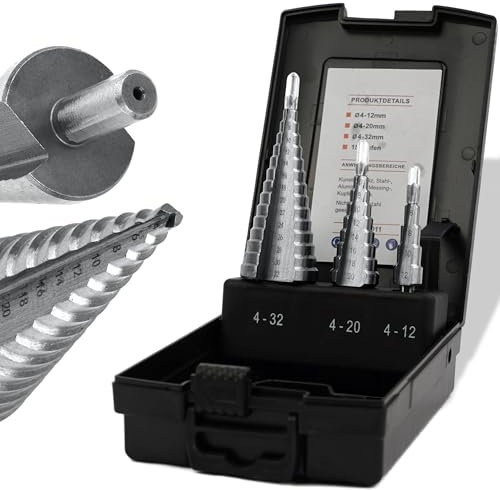 Woltersberger Juego de 3 brocas escalonadas HSS, cónicas de 4-32 mm de diámetro, 4-20 mm, 4-12 mm, broca cónica para agujeros limpios, para metal, madera, aluminio, latón y plásticos