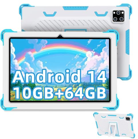 Semeakoko Kinder Tablet 10 Zoll, Kids Tablet Android 14 Octa-Core,10GB RAM + 64GB ROM(TF 1TB), Elterliche Kontrolle, Kinder Bildungs IWawa APP, mit Anti-Fall Schutzhülle, Geschenk für Kinder, Blau