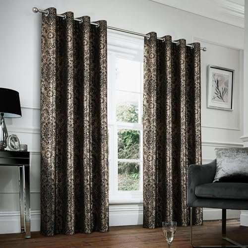 always4u 100% Blickdichter Verdunkelungsvorhang mit Golddruck 2er Set, Gardinen mit Ösen aus Samt, Thermovorhänge für Schlafzimmer Wohnzimmer Küche,Kälteisolierend, Schwarz,140x245cm