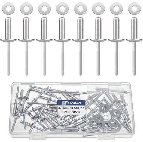 JTAREA 4,8 x 16 mm Rivets Aveugles en Acier Inoxydable avec Rondelle Rivets Pop Tete Large Rivet Pop à Extrémité Ouverte (Paquet de 60)