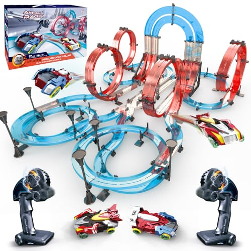 Slot Car Race Track Sets Dual-Player Electric Remote Control Cars Magnetic Cars Racing Game with Hand Controllers Circular Overpass Track Birthday Toys for Boys Kids 6 7 8-12
