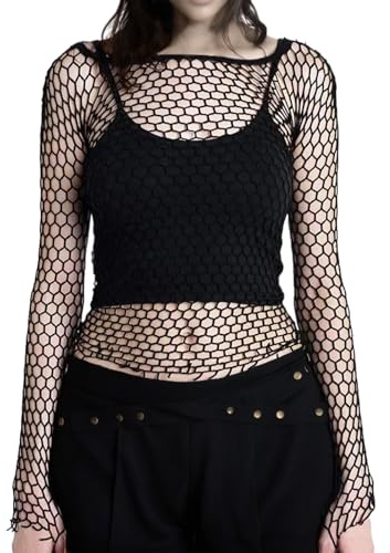 Honeycomb Mesh Long Sleeve Tops Tight Fitting Hex Fishnet Blouse T Shirts for Rave Women Men (US, Alpha, One Size, Regular, Regular, Black)