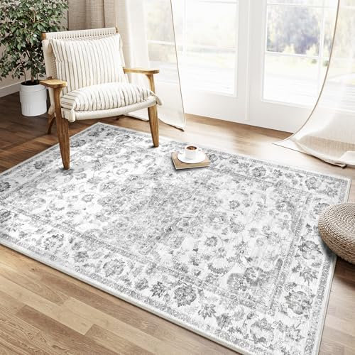 Vintage Grau Waschbarer Teppich Wohnzimmer 150x80cm Retro Rugs for Living Room Weich rutschfest Groß Tepich Kurzflor Schlafzimmer Carpet Living Room Bedroom Esszimmer Teppiche Büro