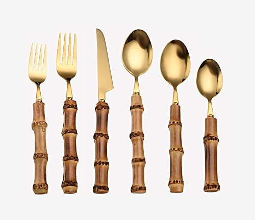 Juego de cubiertos de cocina de acero inoxidable de 6 piezas: cuchillo, tenedor y cuchara de postre con mango de bambú (dorado)