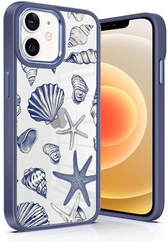 Phoona Case for iPhone 12 / iPhone 12 Pro 6,1, Cute Beach Seashell Girly Aesthetic Pattern Design, Transparent Slim Shockproof TPU Frame PC Back Protection Bumper Cover for Girls Women, Navy Blue