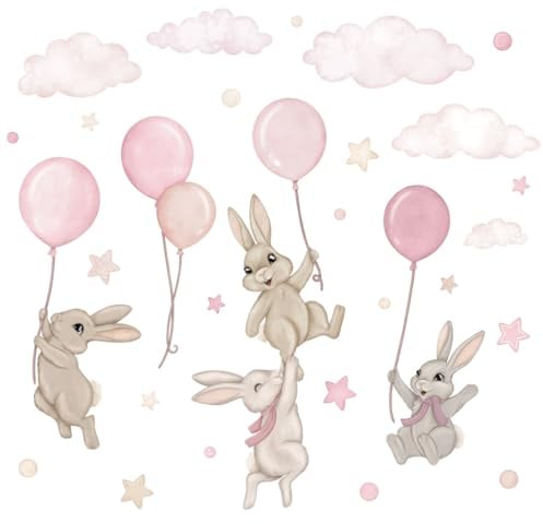 Wally Fox - Wandsticker Kinderzimmer - Wandtattoo Babyzimmer - Ungiftig, sicher, leistungsstark - 29 Stück Sticker, Hasen mit Luftballons, Hasen, Luftballons, Sterne - Blau, Blau, Creme