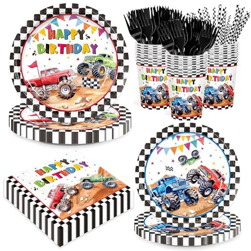 XIENBLOC 144pcs Monster Truck Birthday Party Supplies Plates Napkins Disposable Paper Cups and Straws Monster Truck Party Decorations Tableware Set for Kids Boys Birthday Decor 24 Guests
