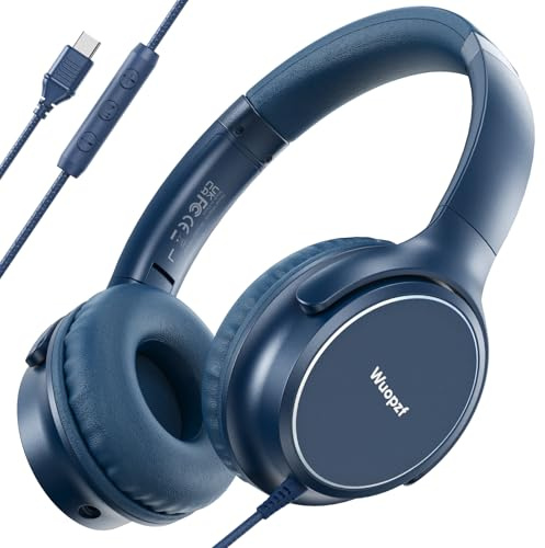 Wuopzf USB C Wired Over-Ear Headphones with Microphone, Volume Control, Share Port, and Adjustable Headband Foldable Stereo Headset for iPhone 16, Samsung, Laptop, Gaming, Travel