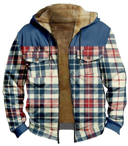 KBOPLEMQ Veste à carreaux pour homme - Veste polaire chaude - Fermeture éclair - Veste bûcheron - Sweat doublé - Manteau en flanelle - Veste d'extérieur à capuche - Veste d'hiver pour homme, O bleu