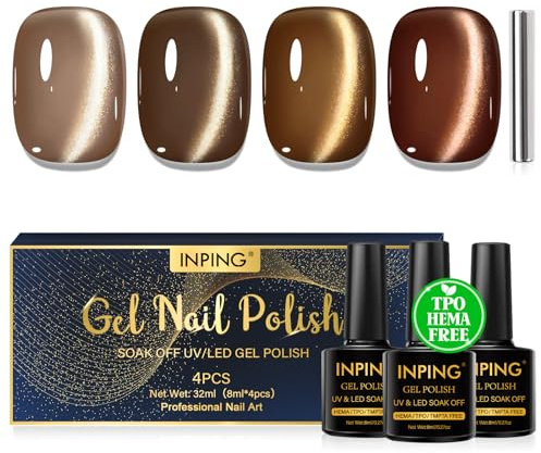 INPING UV Nagellack CatEye TPO-FREE 4 Farben Serie Braun Gel Gelnägel 8ML | Serie Braun Glitzer Jelly Glass Kristalle Cat Eye Gelnägel mit Magnet Soak-Off UV/LED Gel Nagellack UV Set Ideal Geschenk