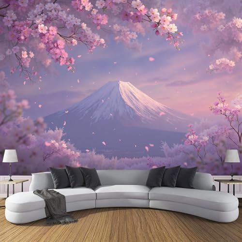 Seide Fototapete Verträumte Kirschblüten 3D Effekt Tapeten Landschaft Des Berges Fuji XXL Wandtapete Wand Dekoration für Wohnzimmer, Kinderzimmer, Schlafzimmer, Tv - 350x250cm, Rosa