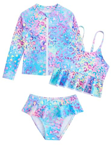 WYTbaby Badeanzug Mädchen Uv Badebekleidung 3 Stück Langarm Rash Guard Set Tankini Bikini Uv Schutzkleidung für Kinder Mädchen 7-8 Jahre