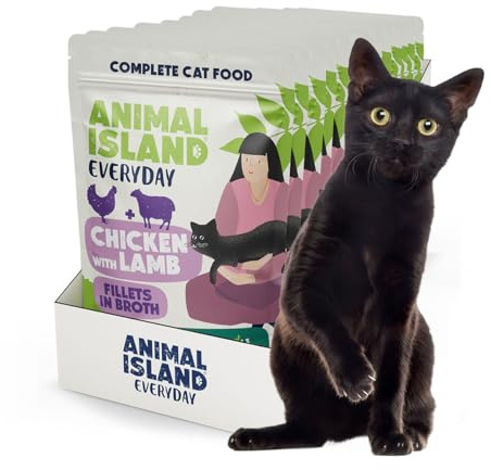 Animal Island Nassfutter Katze Vollnahrung Adult Filets aus Huhn und Lamm in Hühnerbrühe Getreidefrei Portionsbeutel, 12 x 85g