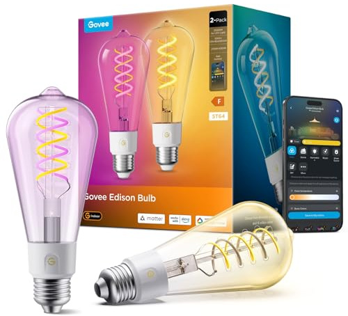 Govee Smart Edison Glühbirne E27, 500lm RGBWW Dimmbar Lampe ST64, 2 Stück | Kompatibel mit Alexa, Matter und Google Assistant, COB Dimmbare Glühbirne, 16 Millionen DIY-Farben, für Vintage-Dekoration