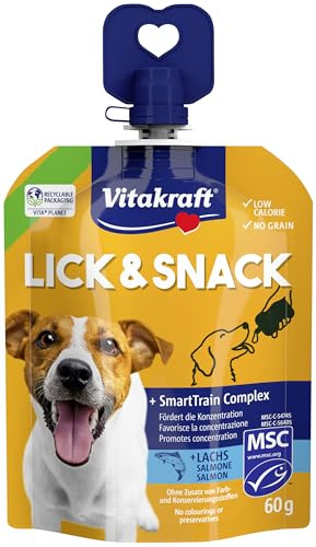 Vitakraft Lick & Snack, weiche Trainingscreme im Quetschie Format, mit Lachs, wiederverschließbar, ohne Zusatz von Zucker (1x 60g)