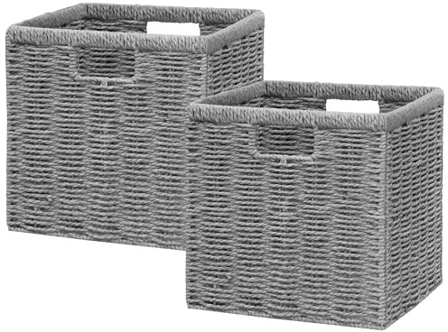 Vagusicc Wicker Storage Basket, Foldable Storage Cubes Organizer Bins, Handwoven Storage Baskets for Shelves Closet Wardrobe Bathroom, Set of 2 Cube Storage Boxes, 23 x 23 x 23 cm, Grey