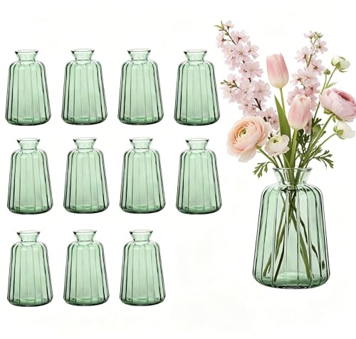 Otauoaea Kleine Glasvasen - 12er Set Kleine Vasen für Tischdeko Hochzeit - Vintage Stil Deko Vasen Set - Mini Glasvasen für Tischdeko,Grün