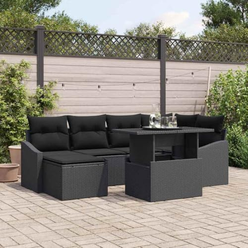 mzdioop Garten-Sofa-Set 7-teilig Schwarz mit Polyrattan, wetterfestem Lounge-Design, abnehmbaren Kissen, modularer Eckcouch für Balkon, Terrasse und Outdoor-Bereich, Komfortables Sitzmöbel-Set