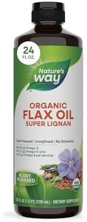 Nature's Way Organic Flax Oil Super Lignan, Cold-Pressed Flaxseed Oil with Omega-3 ALA, Unrefined Organic Liquid Flax Oil Supplement, Unflavored, 24 Fl Oz