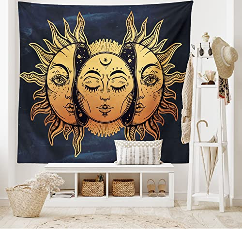 ABAKUHAUS Psychedelisch Wandteppich und Tagesdecke Mystic Mond Sonneaus Weiches Mikrofaser Stoff 230 x 140 cm Moderner Digitaldruck Gelben, Dunkelblau Gelb