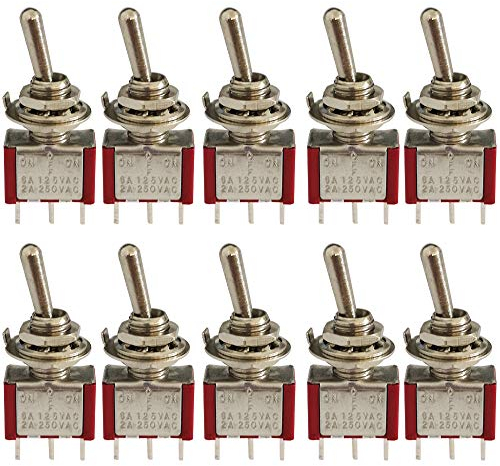 CESFONJER 10 Piezas Mini Interruptor de Palanca, AC 125V 6A / 250V 2A ON-Off-ON 3 Pines 3 Posiciones SPDT Interruptor Rocker Switch de (Rojo)