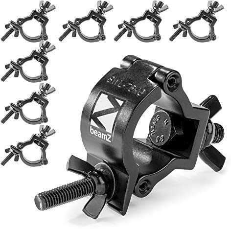 8x BeamZ BC38B-75 Half Coupler O-Clamp Lighting Truss Mount Clamps, Heavy-Duty Slimline Aluminium, 75kg Load, Fits 32-40mm Pipe, Stage DJ Event Rigging, Black Finish