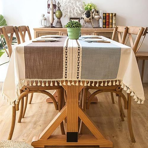 Pahajim Tischdecke Abwaschbar Baumwolle Leinen Tischdecken Wasserdicht Quaste Tischtuch Moderne Einfache Streifen für Home Küche Speisetisch Dekoration(Blau Kaffee, 140 x 260 cm)